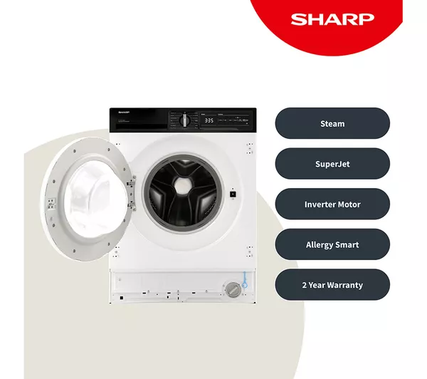 SHARP ES-NIH814BWA-EN Integrated 8 kg 1330 Spin Washing Machine - White