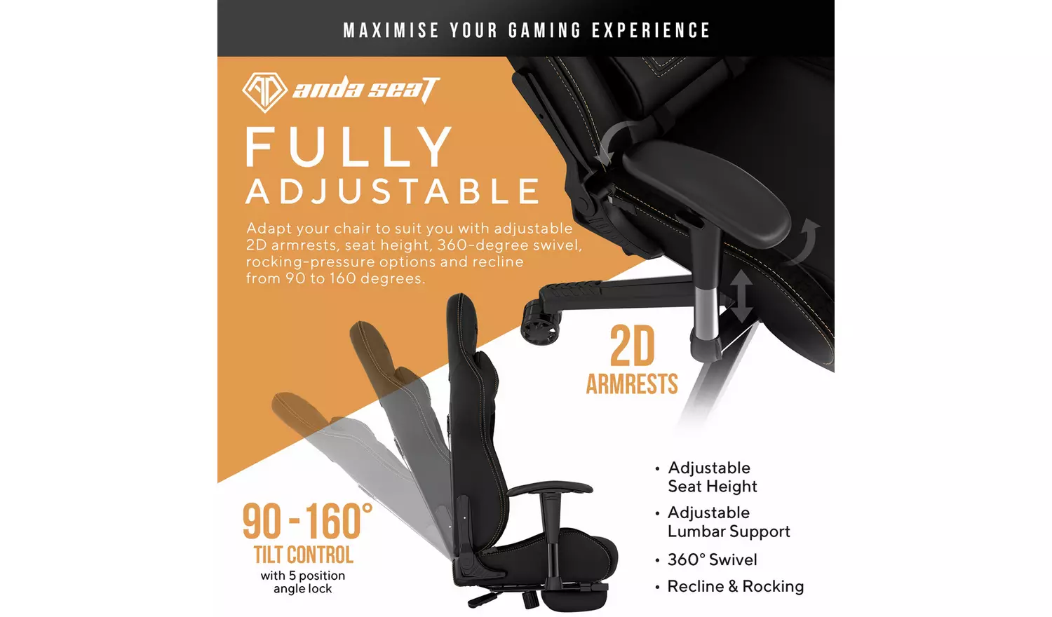 ANDASEAT Jungle II Footrest Edition Gaming Chair - Black