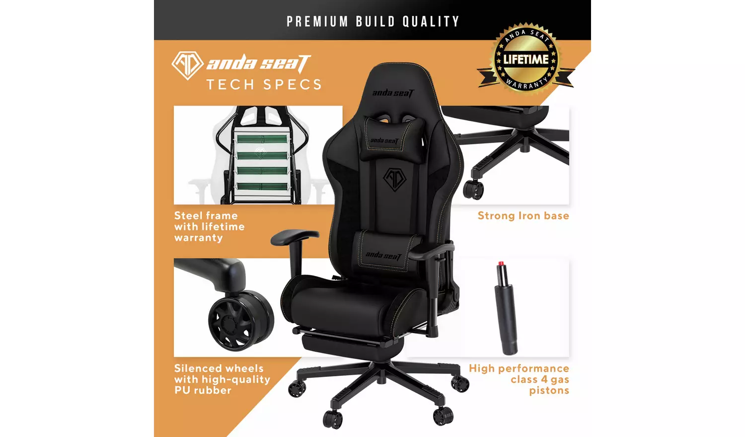 ANDASEAT Jungle II Footrest Edition Gaming Chair - Black