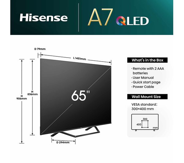 HISENSE 65A7NQTUK 65 Smart 4K Ultra HD HDR QLED TV with Amazon Alexa