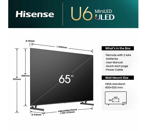 HISENSE 65U6NQTUK 65 Smart 4K Ultra HD HDR Mini LED TV with Amazon Alexa