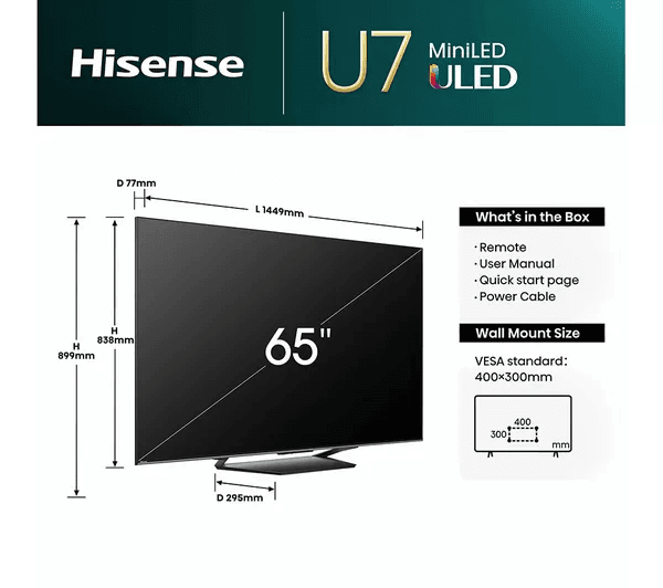 HISENSE 65U7NQTUK 65 Smart 4K Ultra HD HDR Mini LED TV with Amazon Alexa