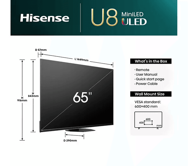 HISENSE 65U8NQTUK 65 Smart 4K Ultra HD HDR Mini LED TV with Amazon Alexa