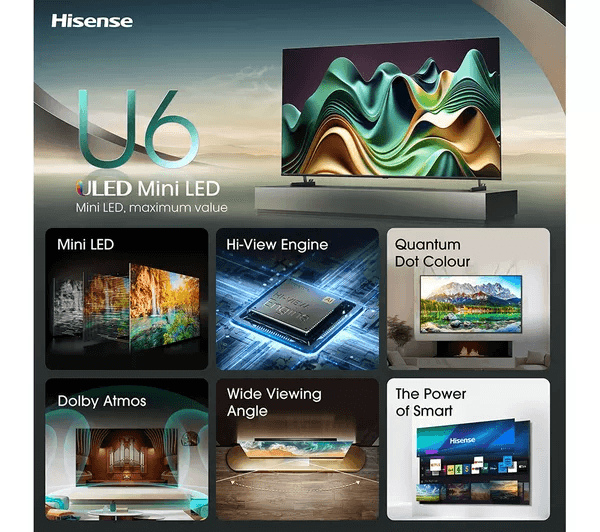 HISENSE 75U6NQTUK 75 Smart 4K Ultra HD HDR Mini LED TV with Amazon Alexa