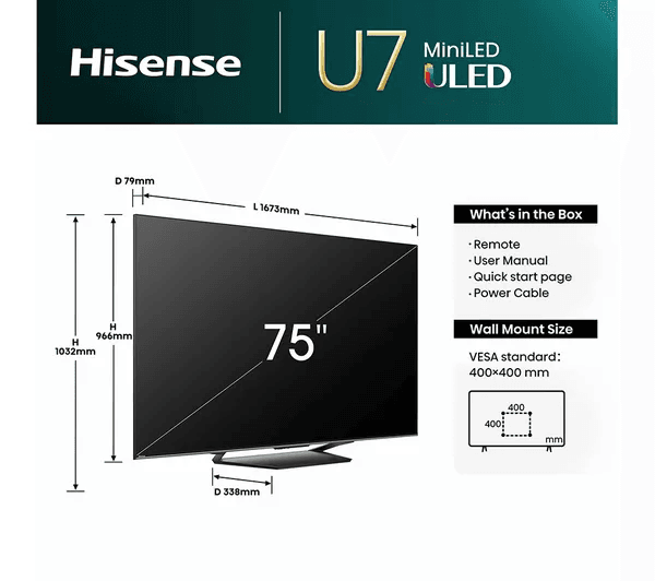 HISENSE 75U7NQTUK 75 Smart 4K Ultra HD HDR Mini LED TV with Amazon Alexa