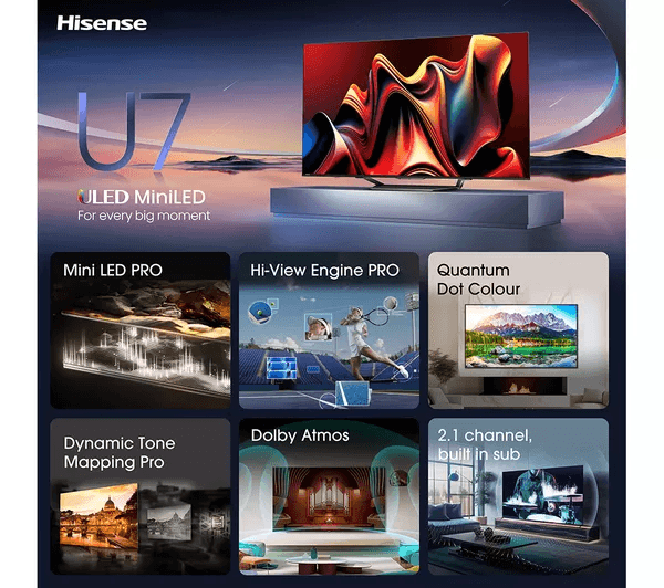 HISENSE 75U7NQTUK 75 Smart 4K Ultra HD HDR Mini LED TV with Amazon Alexa