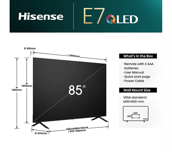 HISENSE 85E7NQTUK 85 Smart 4K Ultra HD HDR QLED TV with Amazon Alexa