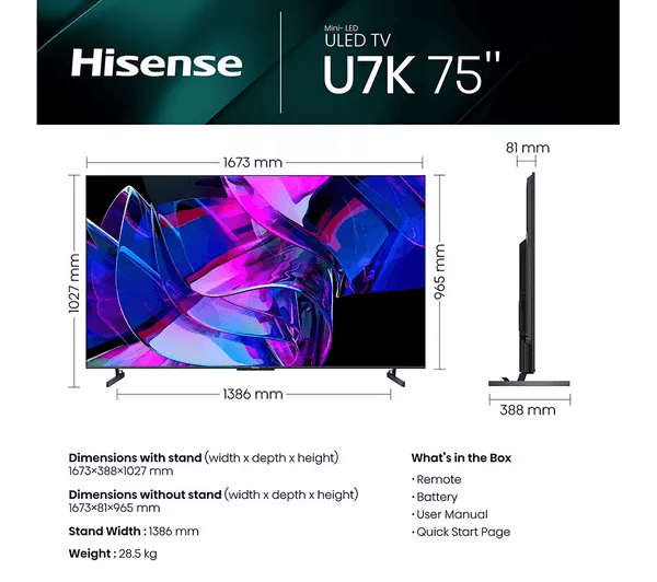 HISENSE 85U7KQTUK 85 Smart 4K Ultra HD HDR Mini-LED TV with Amazon Alexa