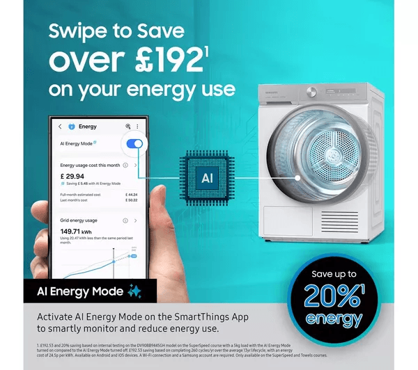 SAMSUNG Series 5 AI Energy DV90CGC0A0ABEU 9 kg Heat Pump Tumble Dryer - Black