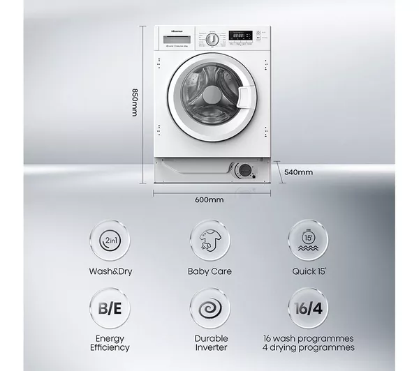 HISENSE 3 Series WD3M841BWI Integrated 8 kg Washer Dryer - White