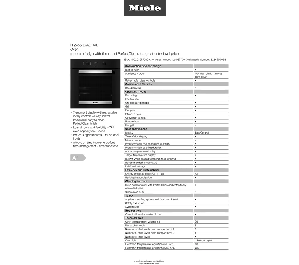 MIELE H2455B Electric Oven - Black & Stainless Steel