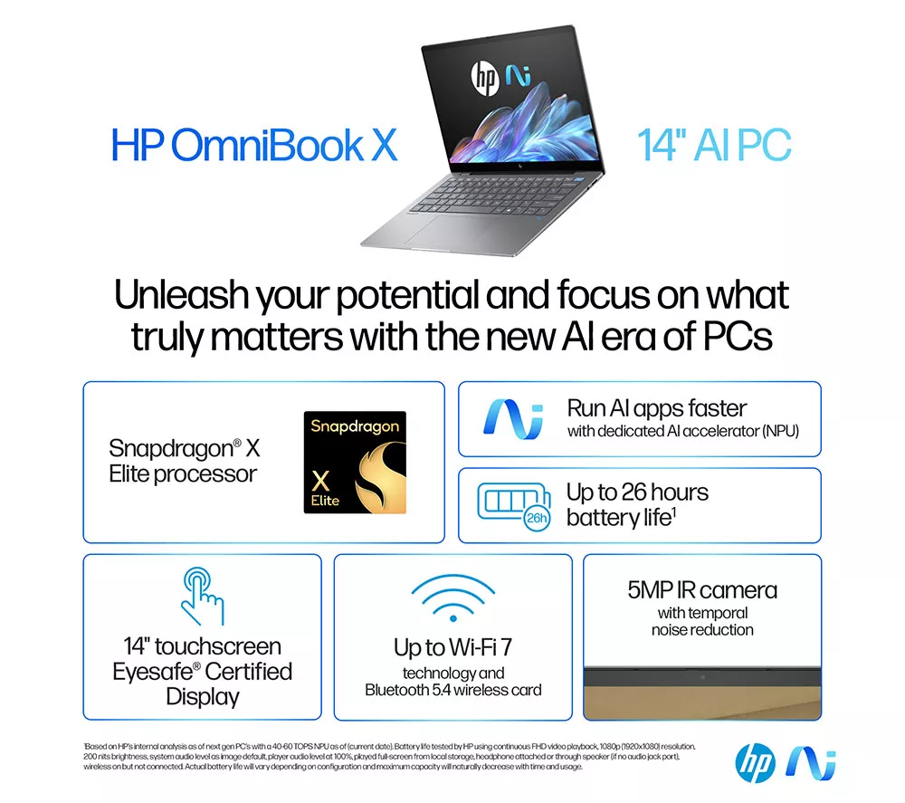 HP OmniBook X 14" Laptop, Copilot+ PC - Snapdragon X Elite, 512 GB SSD, Silver