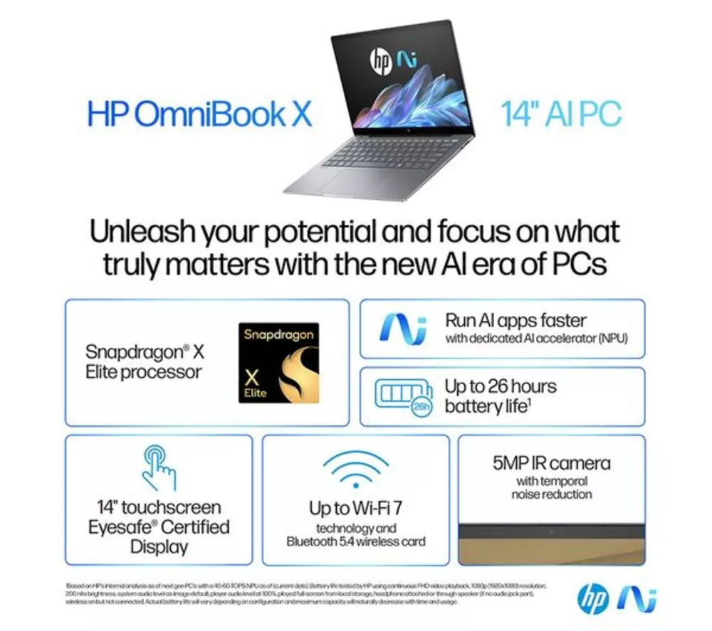 HP OmniBook X 14" Refurbished Laptop, Copilot+ PC - Snapdragon X Elite, 1 TB SSD, Silver (Very Good Condition)