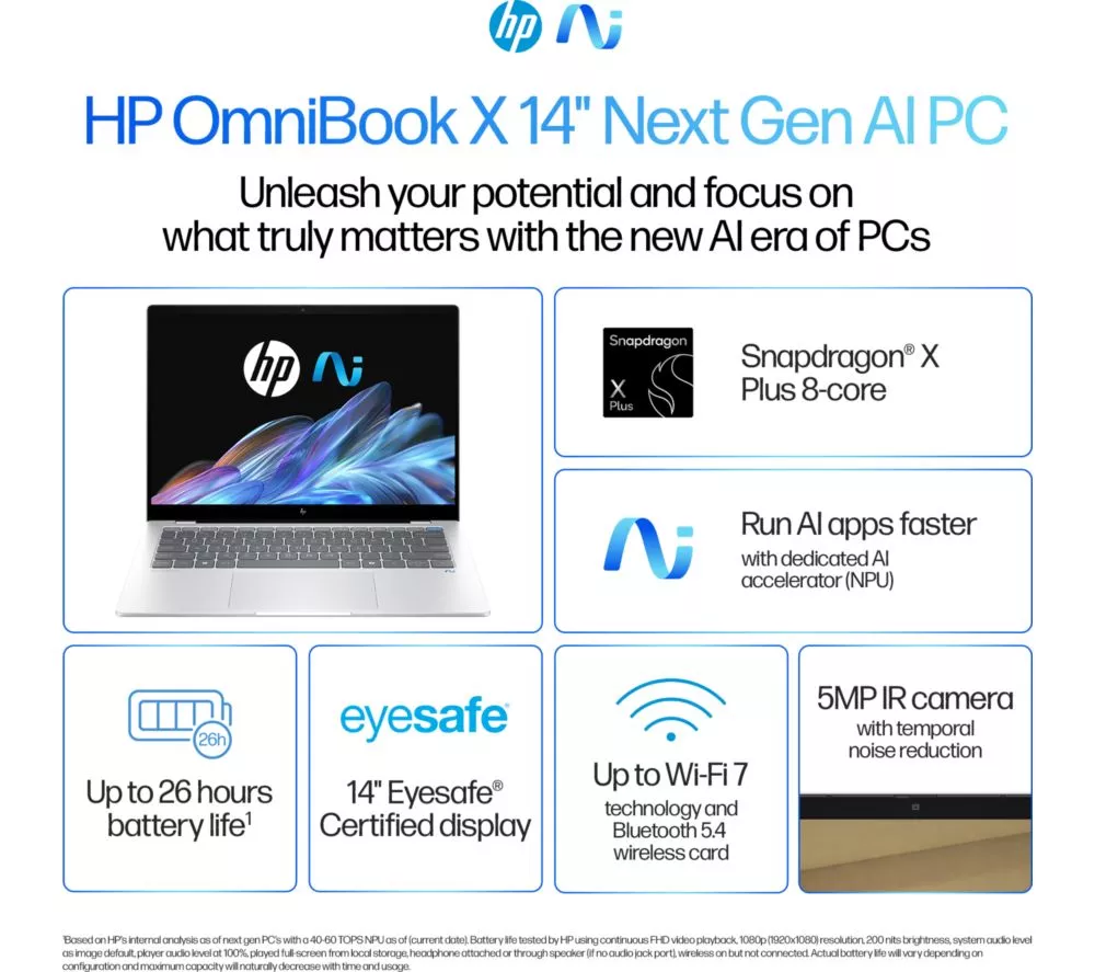 HP OmniBook X 14" Laptop, Copilot+ PC - Snapdragon X Plus, 512 GB SSD, Silver