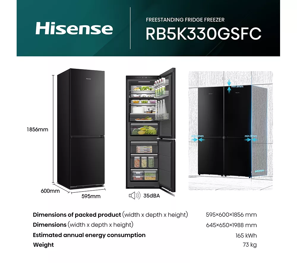 HISENSE KitchenFit RB5K330GSFC Smart 60/40 Fridge Freezer - Black