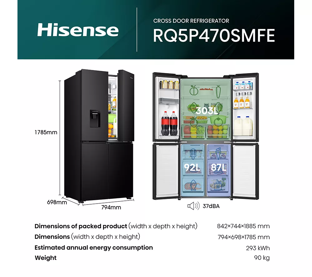 HISENSE PureFlat RQ5P470SMFE Smart Fridge Freezer - Black Stainless Steel