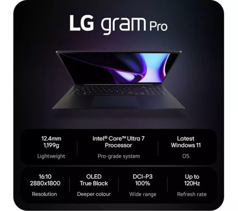 LG gram Pro 16 16Z90SP-K.AA78A1 16" OLED Refurbished Laptop - Intel® Core™ Ultra 7, 1 TB SSD, Black (Very Good Condition)