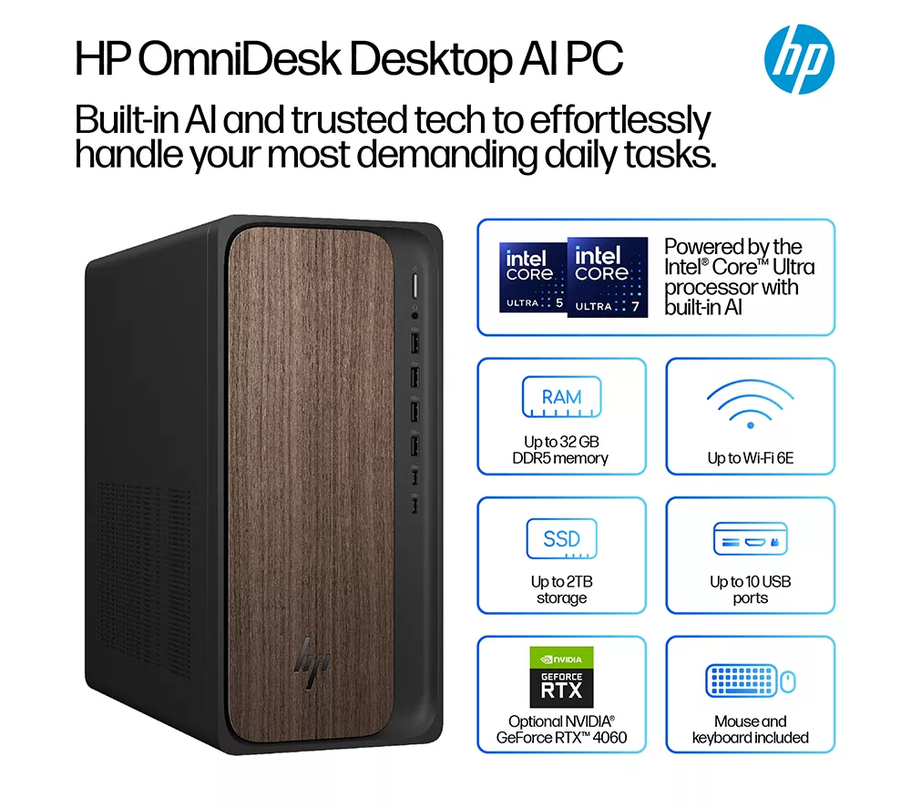 HP OmniDesk M03-0001na AI Desktop PC - Intel® Core™ Ultra 5, 1 TB SSD, Dark Wood