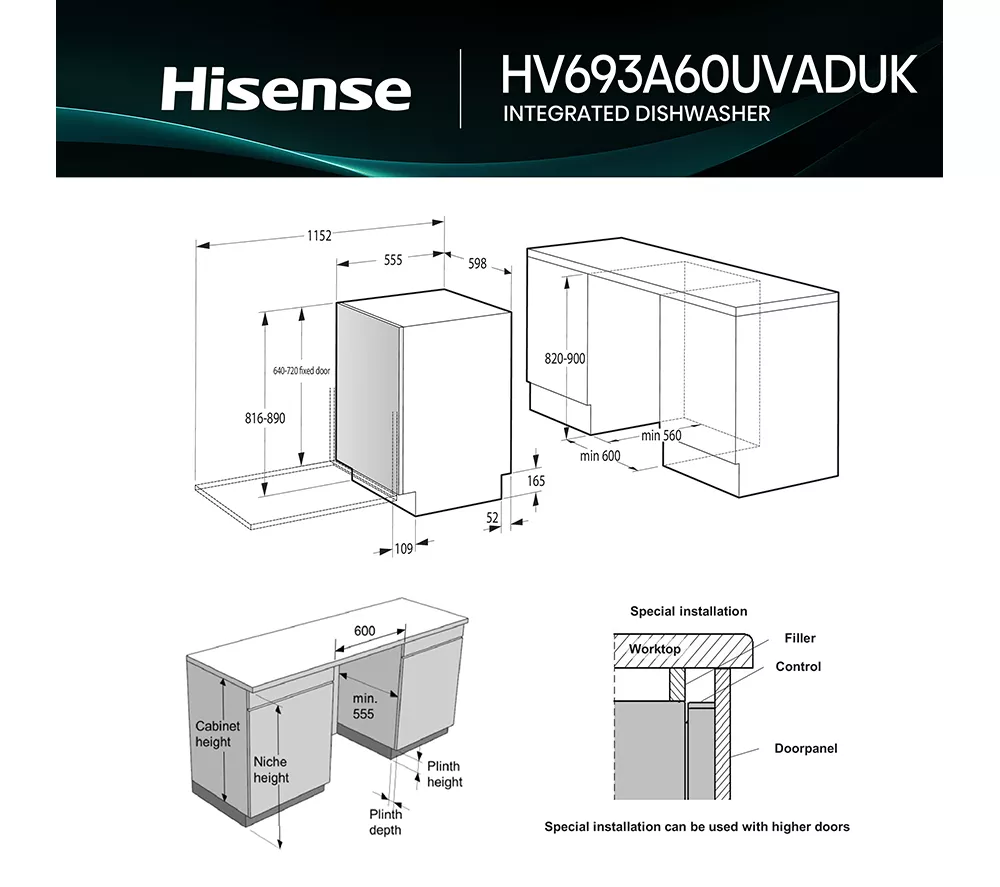 HISENSE UV Clean HV693A60UVADUK Full-size Fully Integrated WiFi-enabled Dishwasher