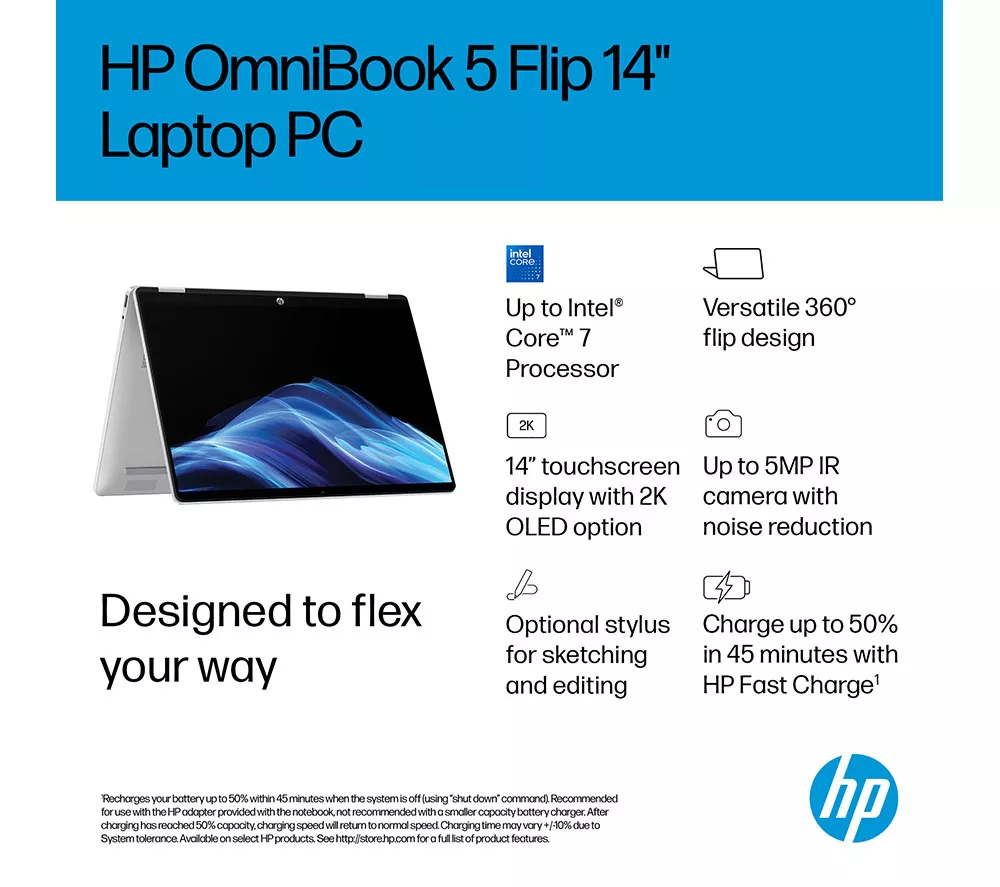 HP OmniBook 5 14" 2 in 1 Laptop - Intel® Core™ i5, 512 GB SSD, Silver
