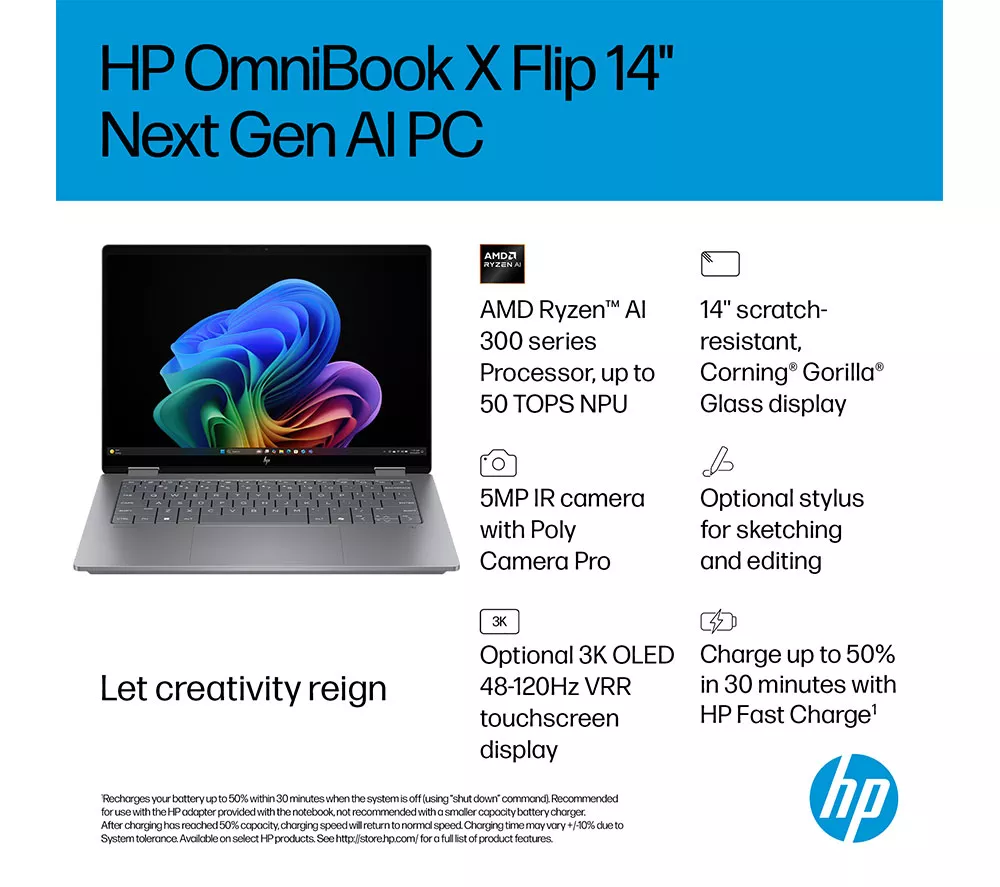HP OmniBook X Flip NGAI 14" 2 in 1 Laptop - AMD Ryzen AI 7, 1 TB SSD, Meteor Silver