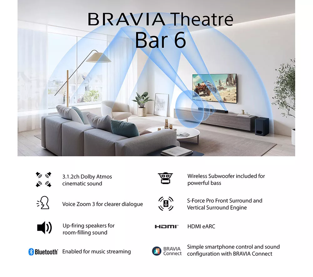 SONY BRAVIA Theatre Bar 60 3.1.2 Wireless Sound Bar with Dolby Atmos & DTS Virtual:X