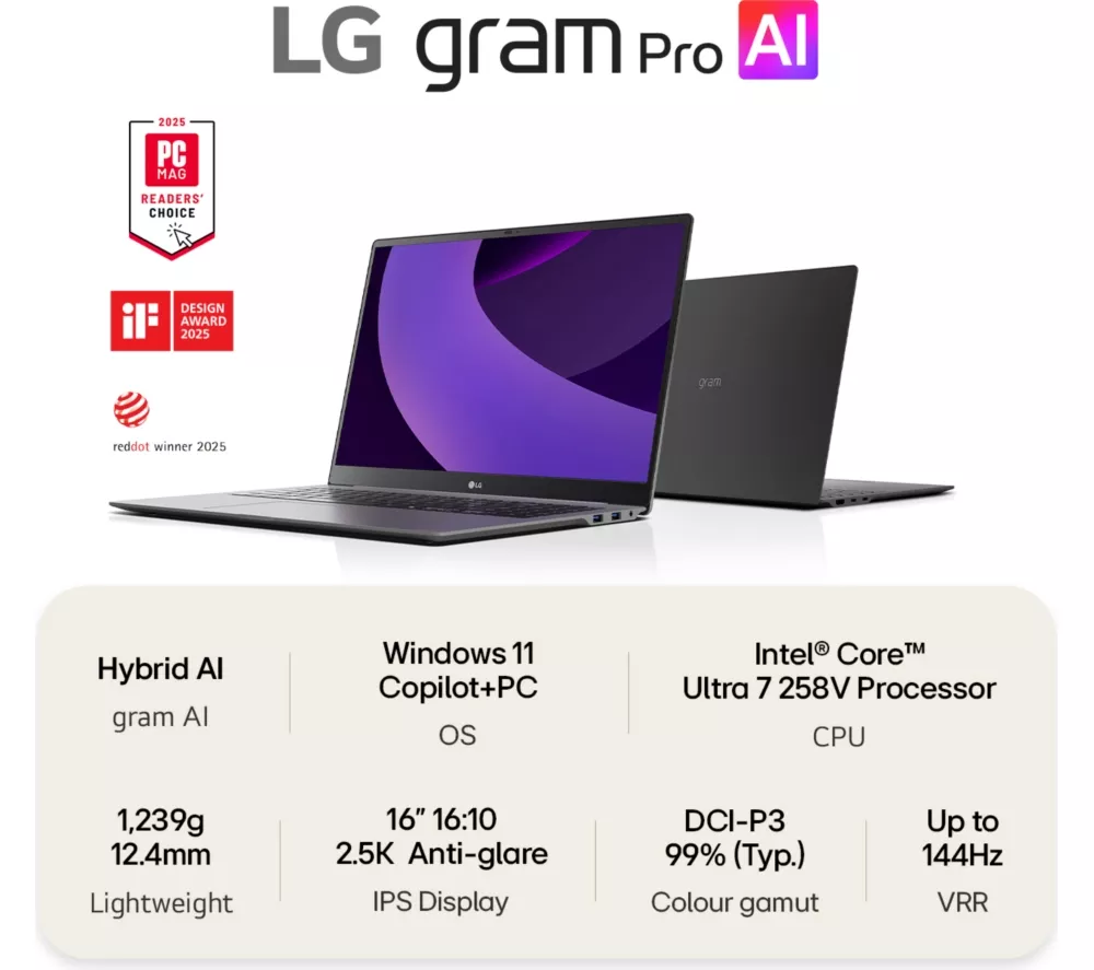 LG gram Pro 16Z90TS-G.AU89A1 16" Laptop, Copilot+ PC - Intel® Core™ Ultra 7, 1 TB SSD, Grey