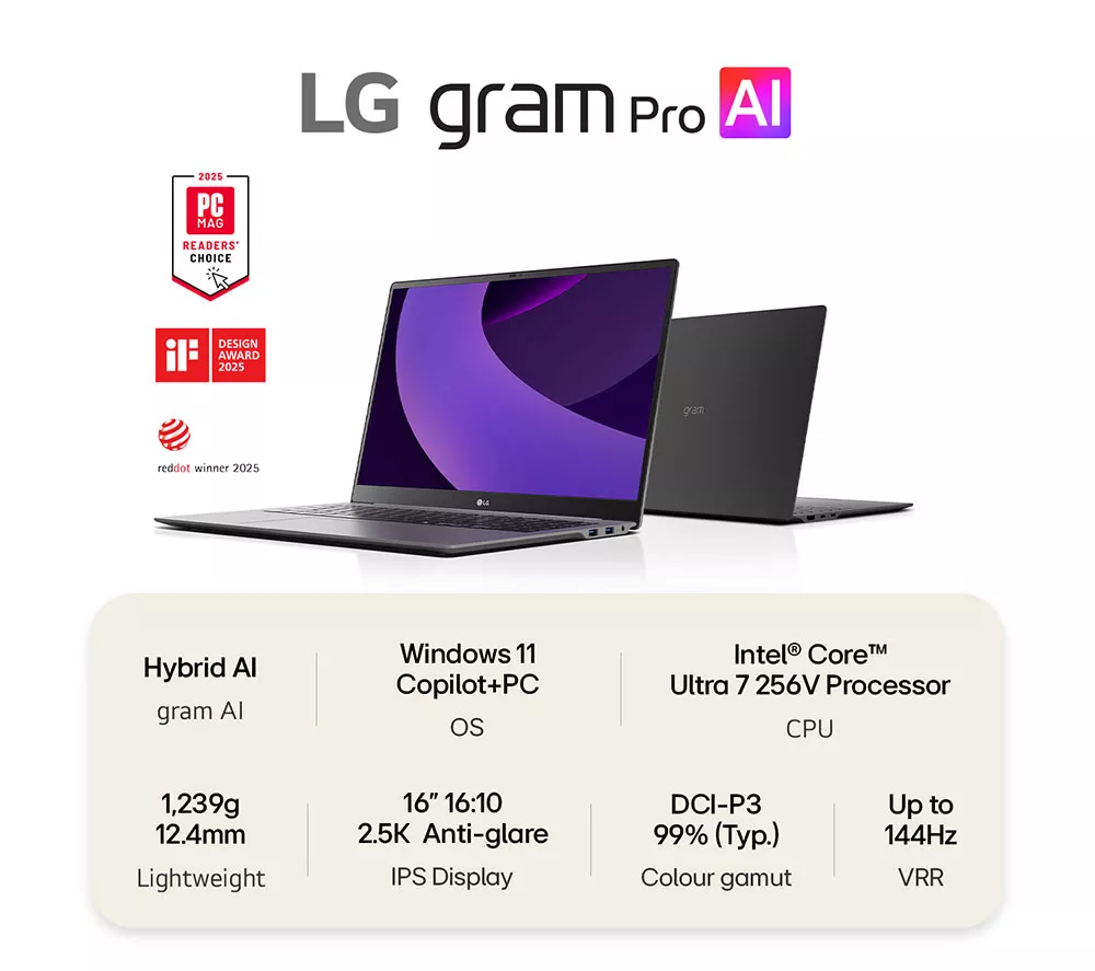 LG gram Pro 16Z90TS-G.AU79A1 16" Laptop, Copilot+ PC - Intel® Core™ Ultra 7, 1 TB SSD, Grey