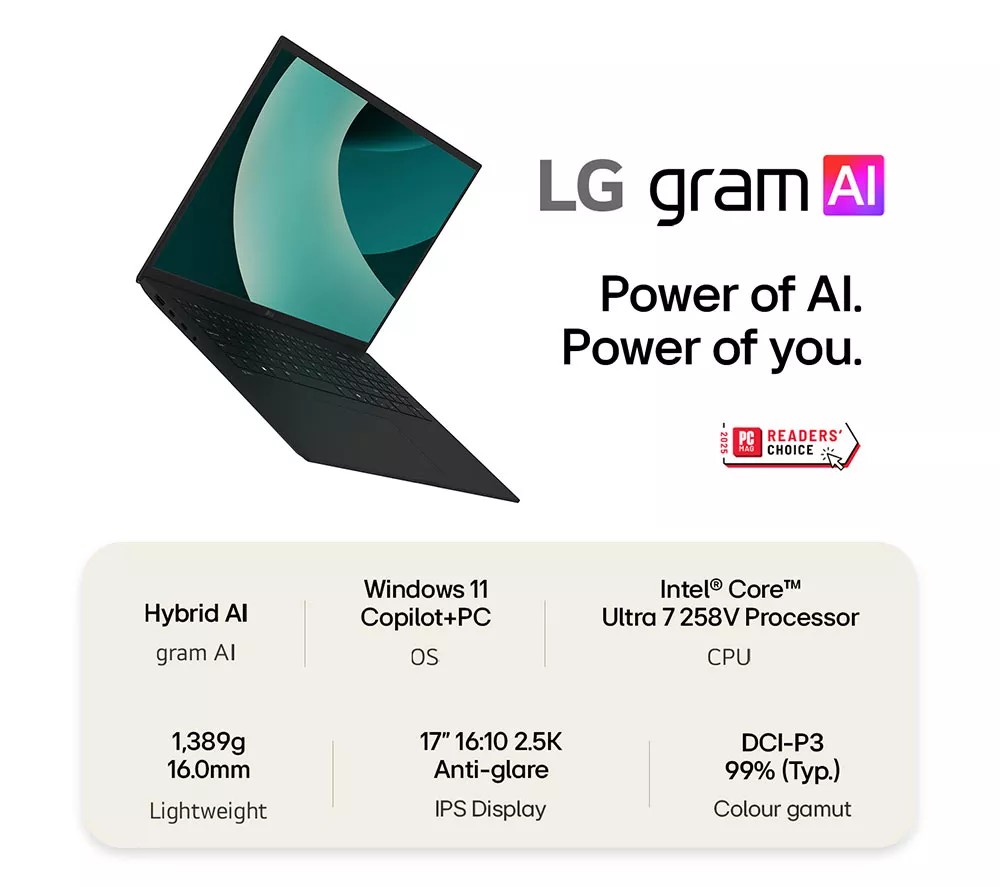 LG gram 17 17Z90TL-G.AU88A1 17" Laptop, Copilot+ PC - Intel® Core™ Ultra 7, 1 TB SSD, Black