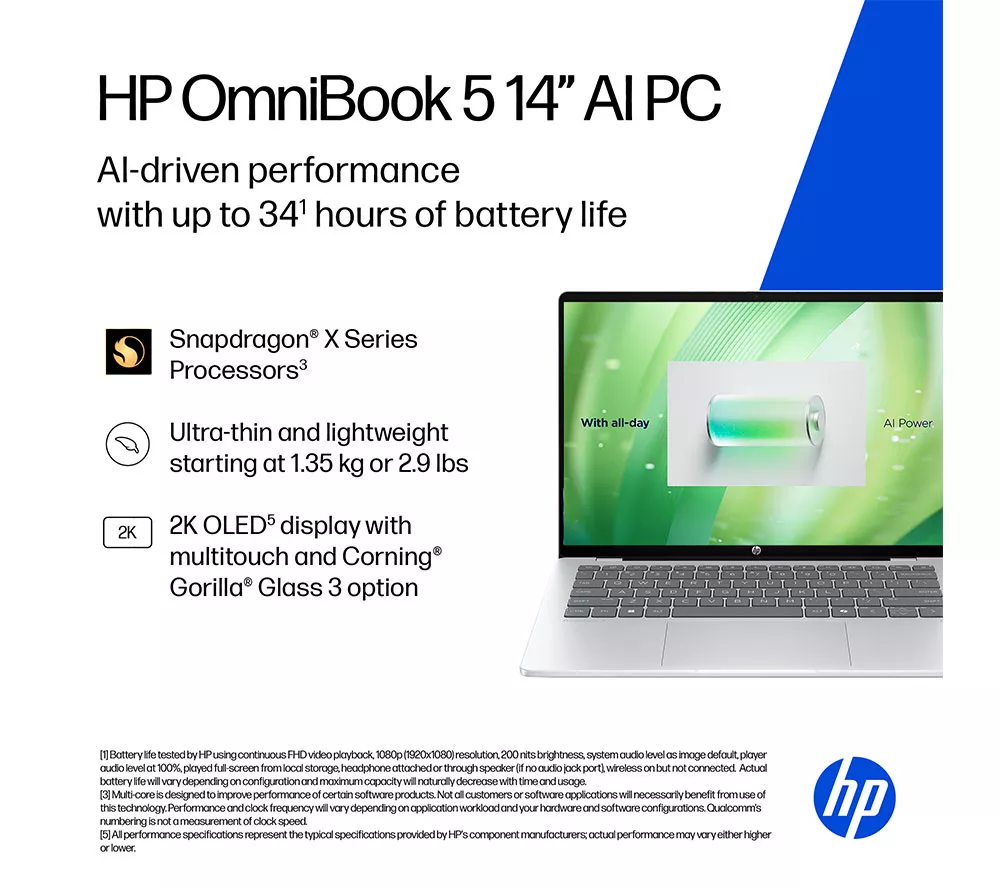HP OmniBook 5 NGAI 14" Laptop - Snapdragon X1, 512 GB SSD, Glacier Silver