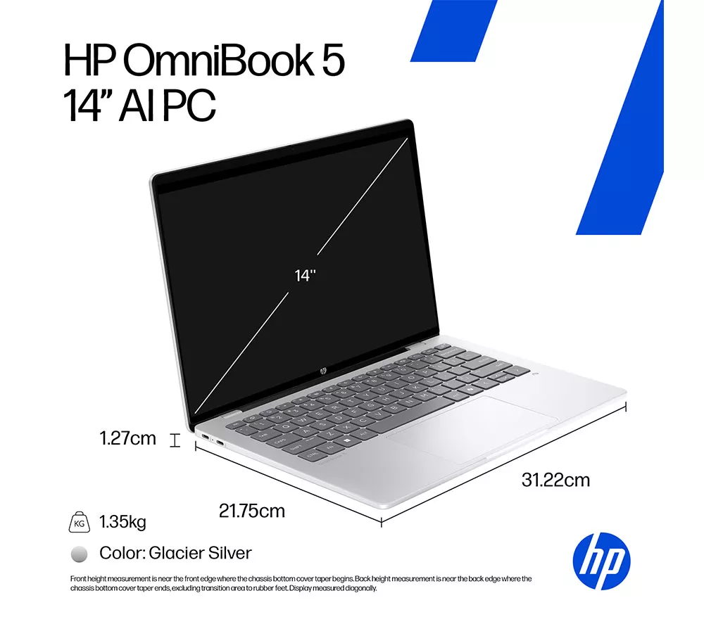 HP OmniBook 5 NGAI 14" Laptop - Snapdragon X1, 512 GB SSD, Glacier Silver