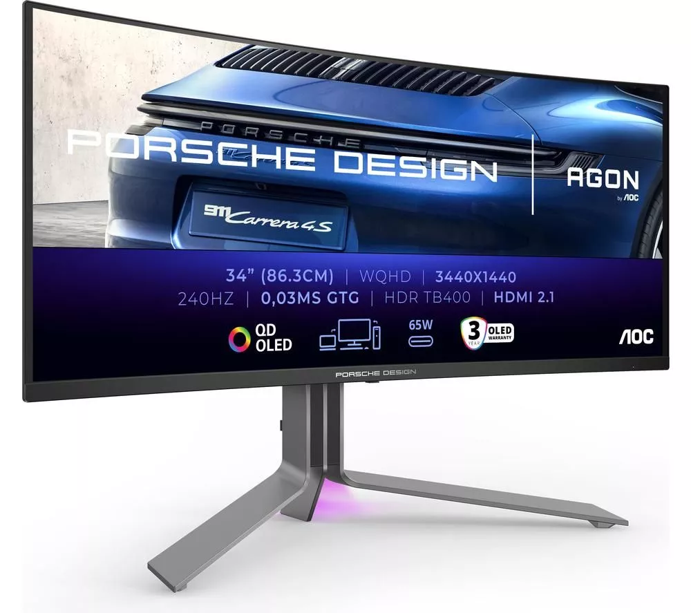 AOC AGON PRO PD34 Porsche Design Wide Quad HD 34" Curved QD-OLED Gaming Monitor - Black