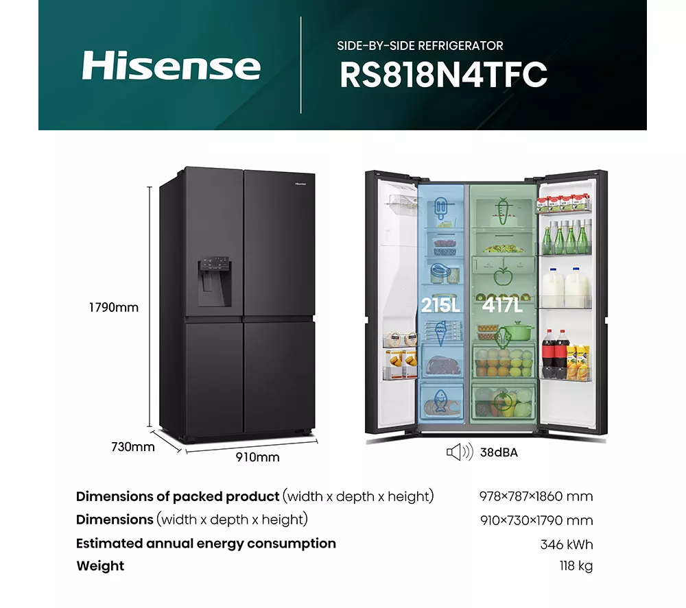 HISENSE PureFlat Infinite RS818N4TFC American-Style Smart Fridge Freezer - Black