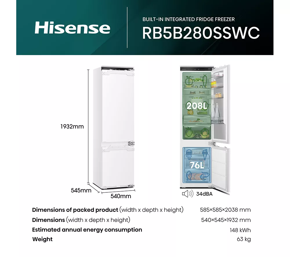 HISENSE RB5B280SSWC Integrated Smart 70/30 Fridge Freezer - Fixed Hinge