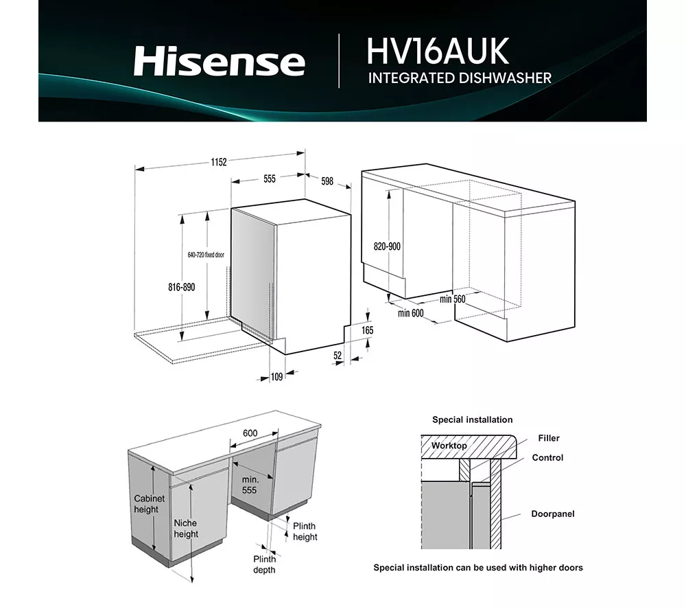 HISENSE HV16AUK Full-Size Fully Integrated Dishwasher