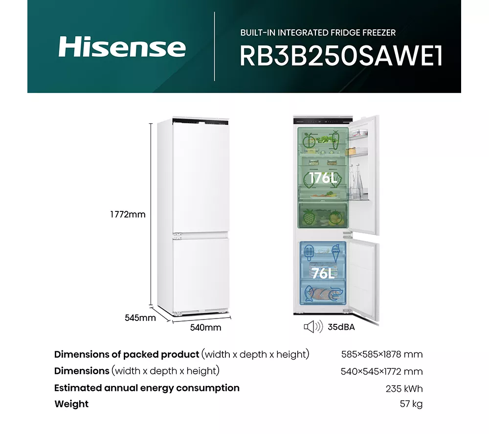 HISENSE RB3B250SAWE Integrated Smart 70/30 Fridge Freezer - Fixed Hinge