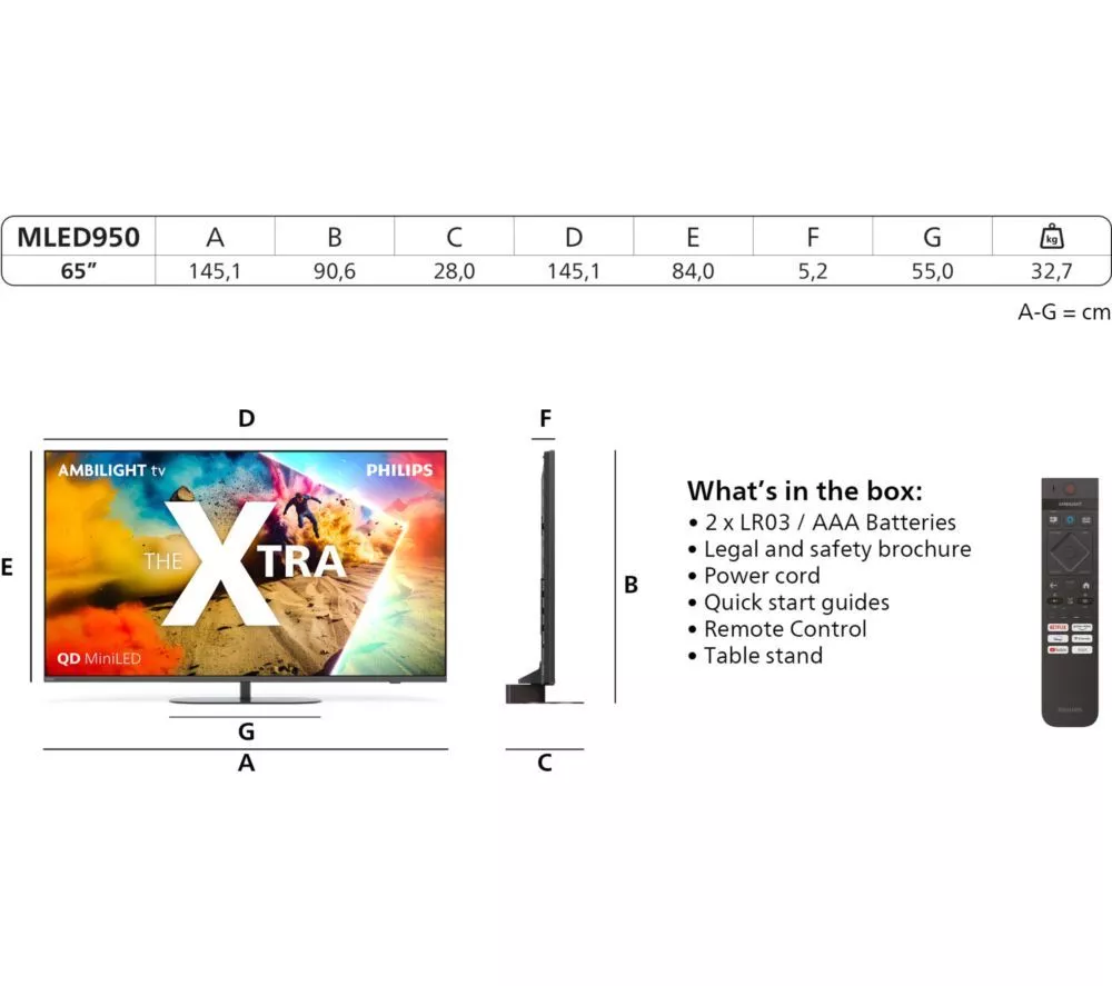 PHILIPS The Xtra MLED950 65" QD-Mini LED 4K HDR Ambilight Smart TV with Freely - 65MLED950/12