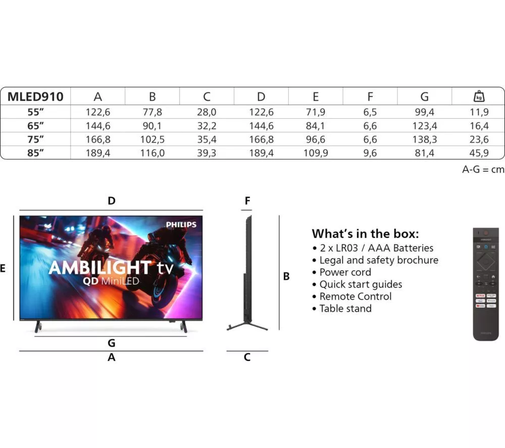 PHILIPS MLED910 85" QD-Mini LED 4K HDR Ambilight Smart TV with Freely - 85MLED910/12