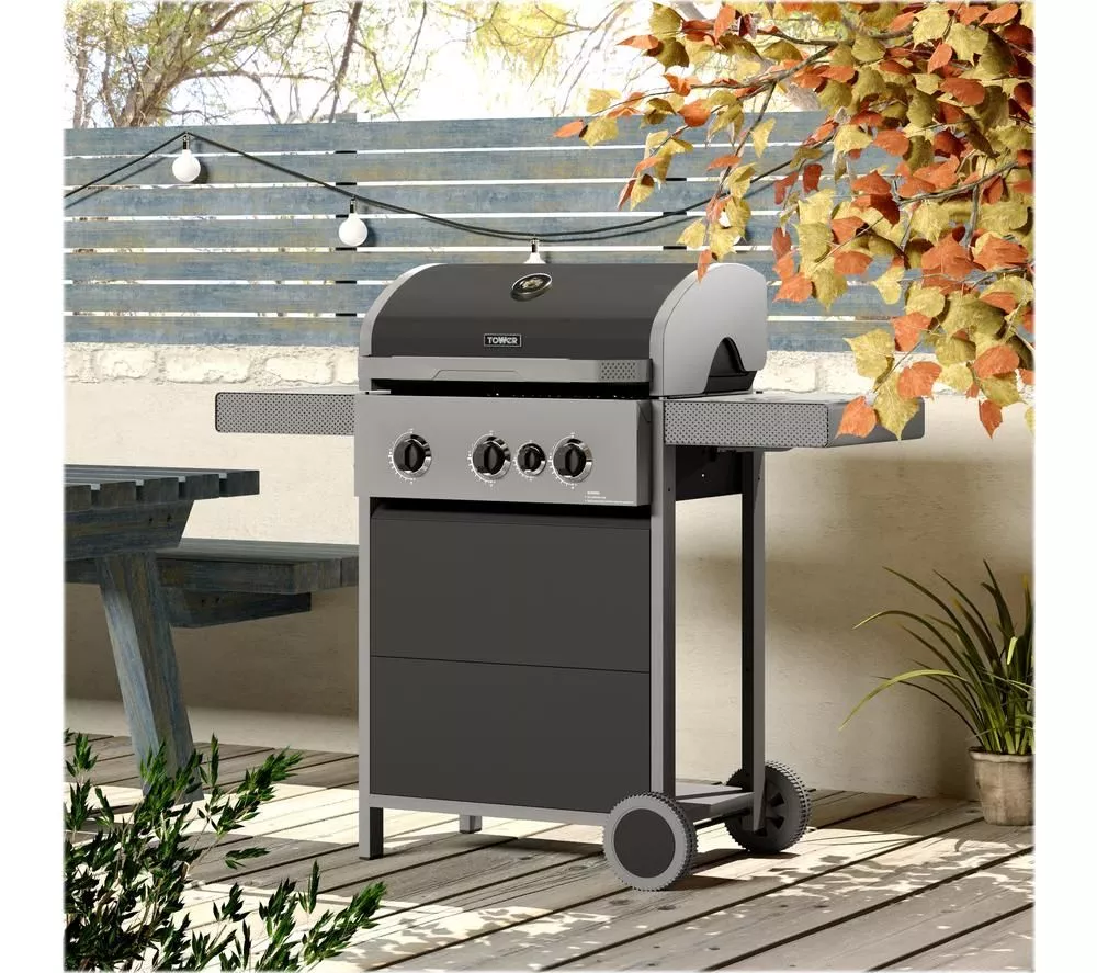 TOWER Stealth 3000 T978501 Portable 3 Burner Grill Gas BBQ - Black