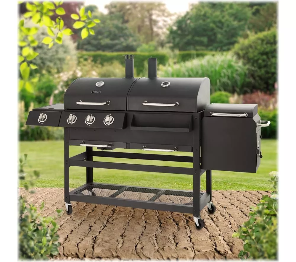 TOWER T978507 3 Burner Grill Gas & Charcoal BBQ & Smoker - Black