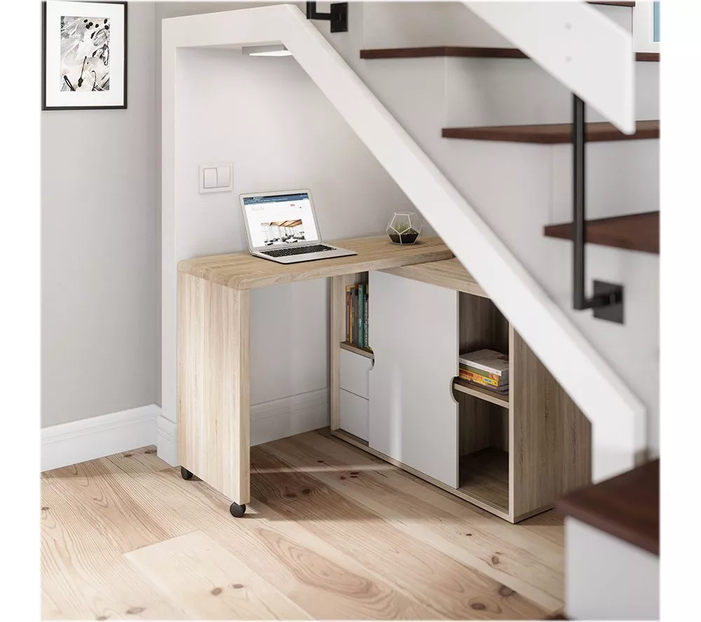 TEKNIK 7700007 Pivot Cupboard Desk - White & Oak Effect