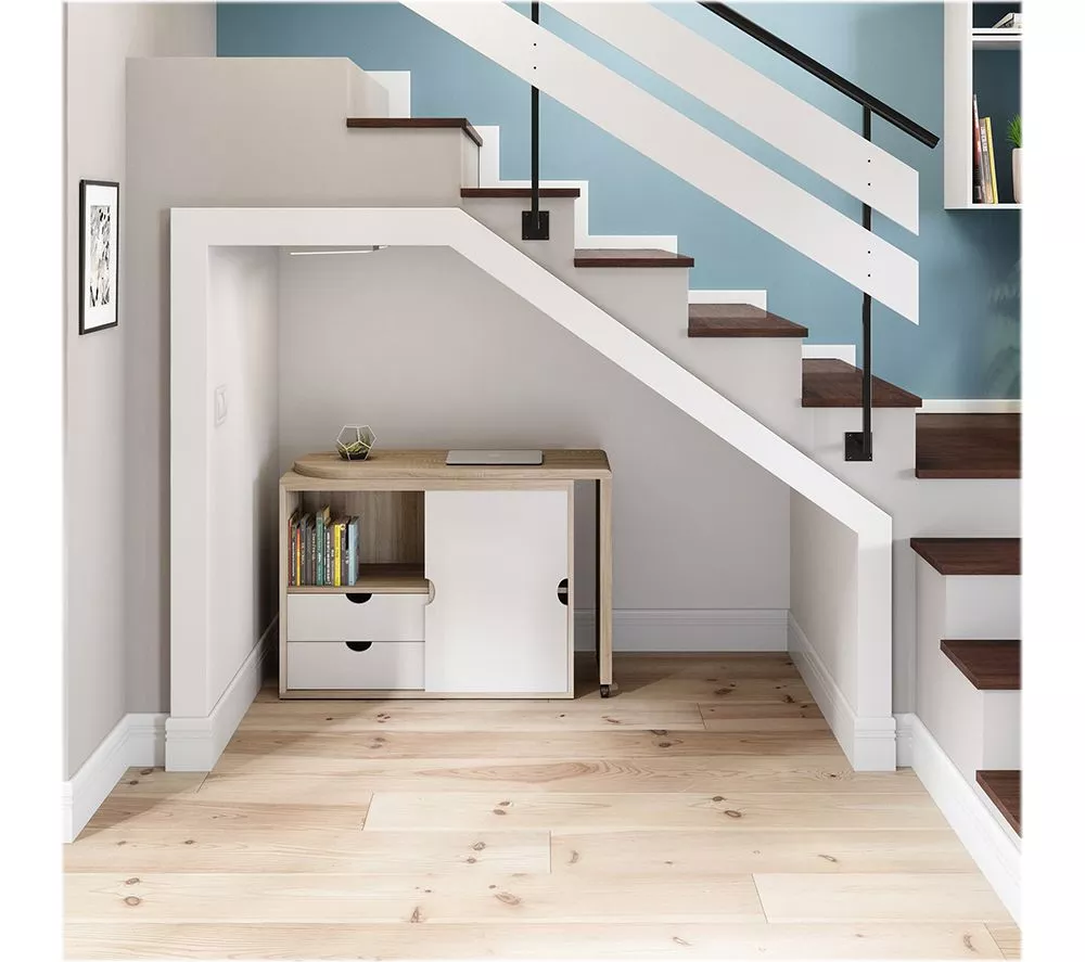TEKNIK 7700007 Pivot Cupboard Desk - White & Oak Effect