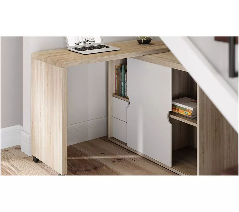 TEKNIK 7700007 Pivot Cupboard Desk - White & Oak Effect