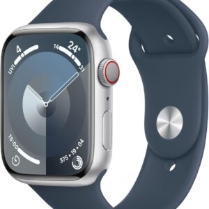 APPLE Watch Series 9 Cellular - 45 mm Silver Stainless Steel Case with Storm Blue Sport Band S M