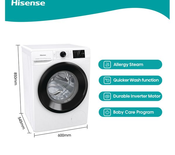 HISENSE 3+ Series WFGC801439VM 8 kg 1400 Spin Washing Machine - White
