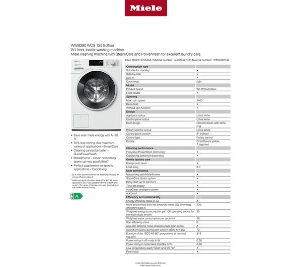 MIELE W1 PowerWash WWB380 WiFi-enabled 8 kg 1400 Spin Washing Machine - White