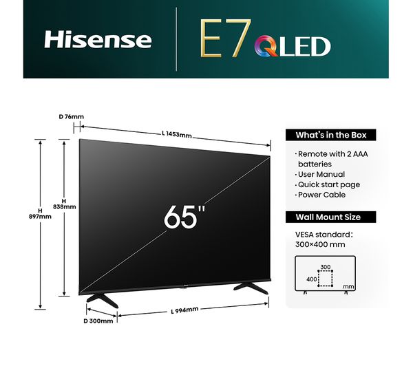HISENSE 65E7NQTUK 65 Smart 4K Ultra HD HDR QLED TV with Amazon Alexa